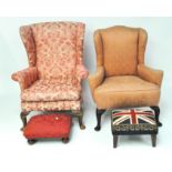 Two 20th century floral upholstered armchairs together with two footstools
