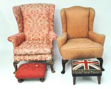 Two 20th century floral upholstered armchairs together with two footstools