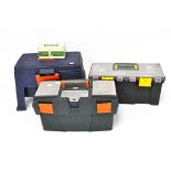 Three large plastic tool boxes and tools, including drill bits, screws,