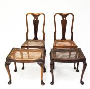 Pair of bergere chairs with cabriolet legs, height 92cm, together with two similar foot stools,