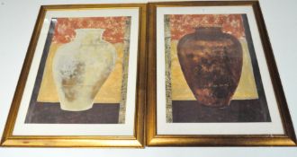 Two contemporary prints of urns in earth-coloured tones, 67cm x 50cm,