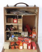 A hinged wooden case, containing boxed radio valves, assorted vacuum tubes,