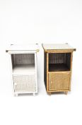 Two Lloyd Loom style bedside cabinets with one small cupboard, painted white and one gold,