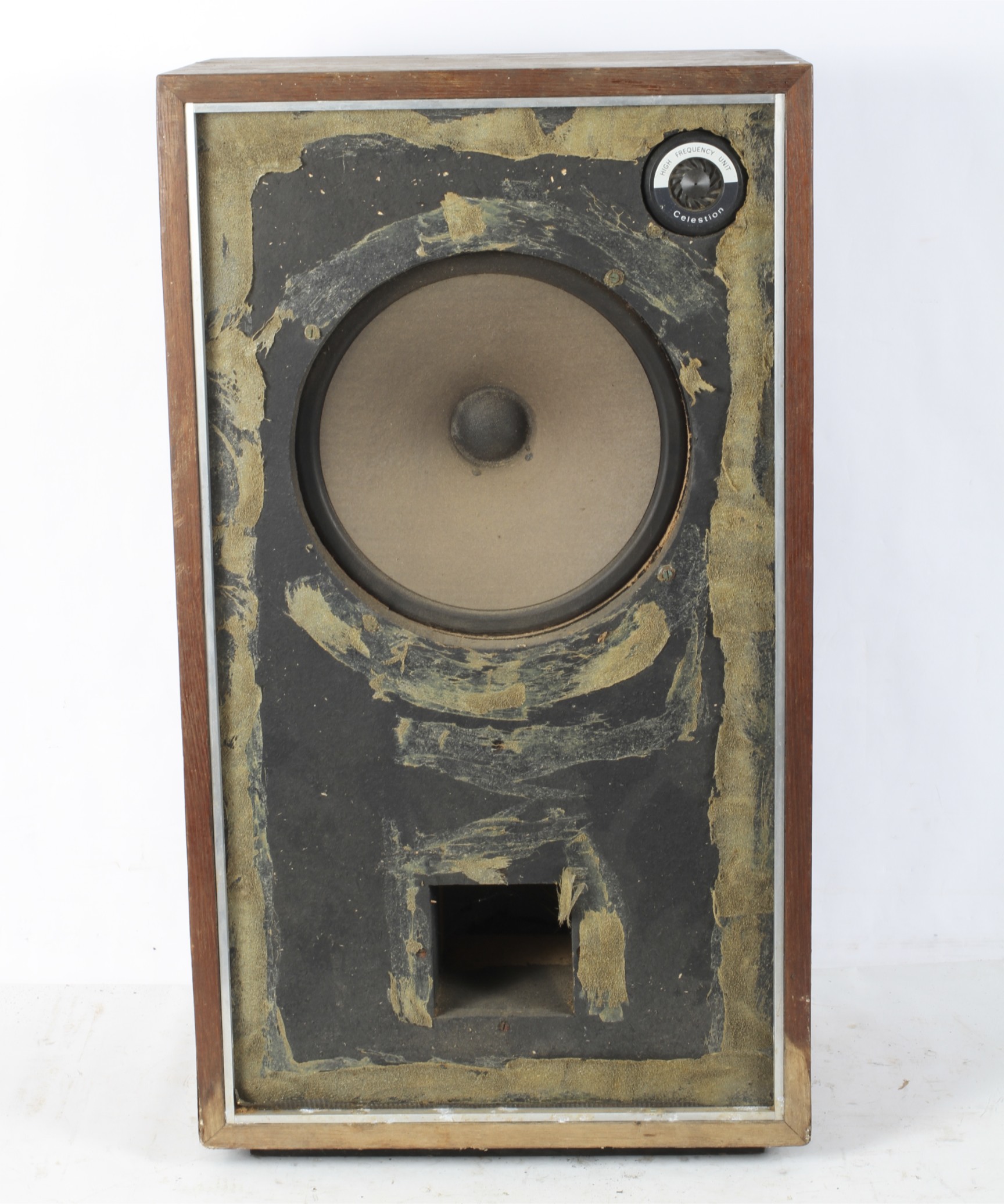 A vintage Celestian speaker with a high frequency unit, crossover model CO-3K, within a wooden case,