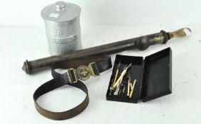 An Austrian Pfadfinder scout belt, an aluminium biscuit tin stamped NCJ to the base and other items