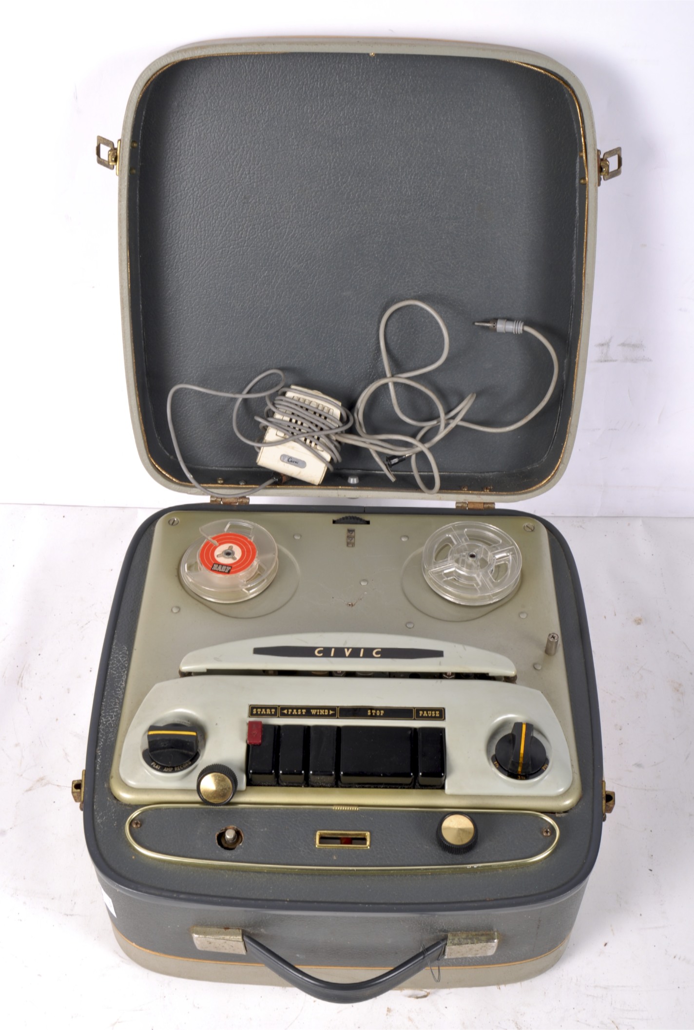 A mid-century Civic reel to reel recorder, fitted in a pale blue leatherette case,