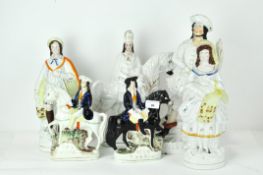 Six Staffordshire pottery figures, including Dick Turpin and Tom King,