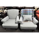 A pair of contemporary Multiyork armchairs upholstered in blue and white,