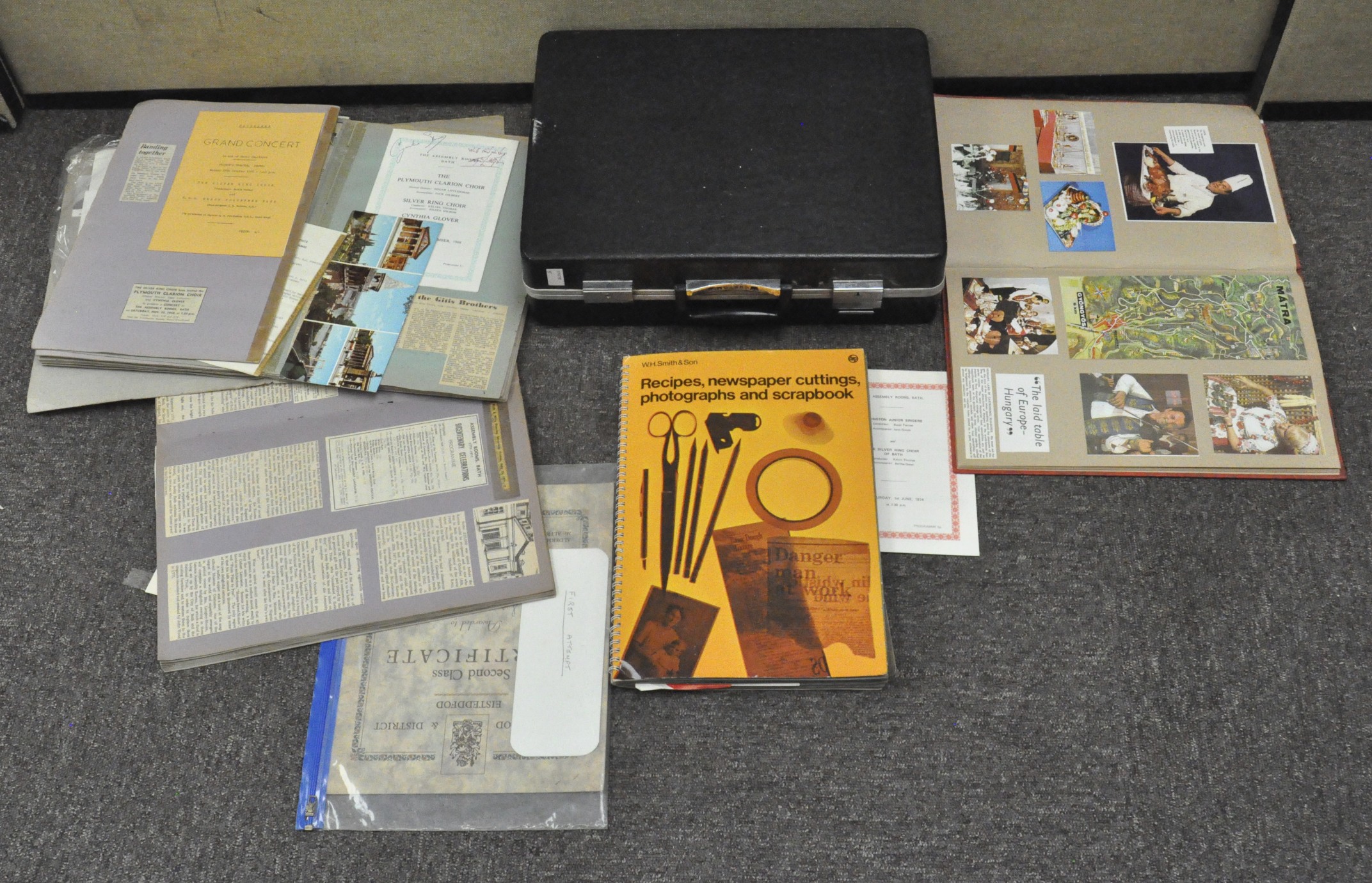 A briefcase containing musical scrapbooks relating to the Silver Ring Choir and more