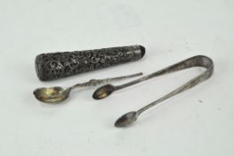 A pair of Edwardian sugar tongs, hallmarked Sheffield 1902, together with another silver spoon,