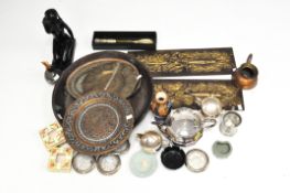 Assorted metalware dishes and other items including a copper kettle, a tin bath,