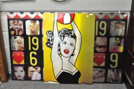 Three metal printed artworks with pop art motifs,