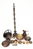 A collection of brass and copper, to include a tall lamp base with moulded decoration of birds,