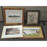 Four modern pictures and prints of plants and landscapes,