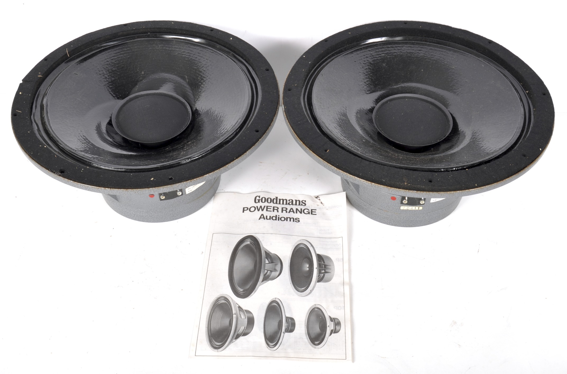 Two Goodman loudspeakers, Impedance 6 ohms, 15 inch, each bearing labels marked P/O 13524,