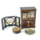 A 20th Century Chinese table cabinet, together with an inlaid pot, engraved brass dish and more