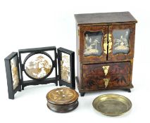 A 20th Century Chinese table cabinet, together with an inlaid pot, engraved brass dish and more