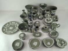 A large collection of mainly 20th century Wedgwood green jasperware including vases and dishes,