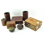 A collection of assorted oriental wares, to include a pair of Bamboo brushpots, Japanese puzzle box,