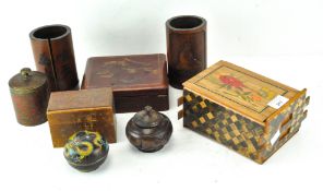 A collection of assorted oriental wares, to include a pair of Bamboo brushpots, Japanese puzzle box,