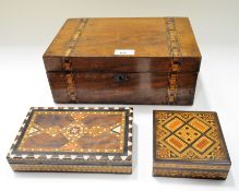 A Victorian rosewood box together with a pair of contemporary inlaid boxes