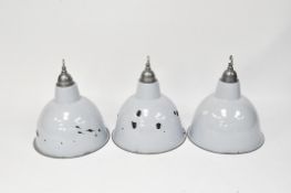 Three vintage style baby blue enamel industrial ceiling light shades with white enamel interior