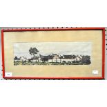 A Chinese screen print on Japan paper of a row of houses,