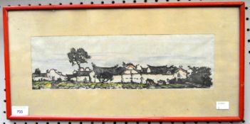 A Chinese screen print on Japan paper of a row of houses,