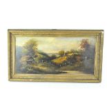 A late 19th century School oil on board, depicting a thatched barn in a country landscape,