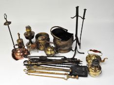 A large collection of assorted brassware and metalware, including Aladdin 23 oil lamp, kettle,