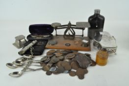 Assorted collectables,including a set of scales, a drinking flask, selection of coins,