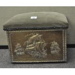 A 20th century brass stool with pressed maritime scenes,