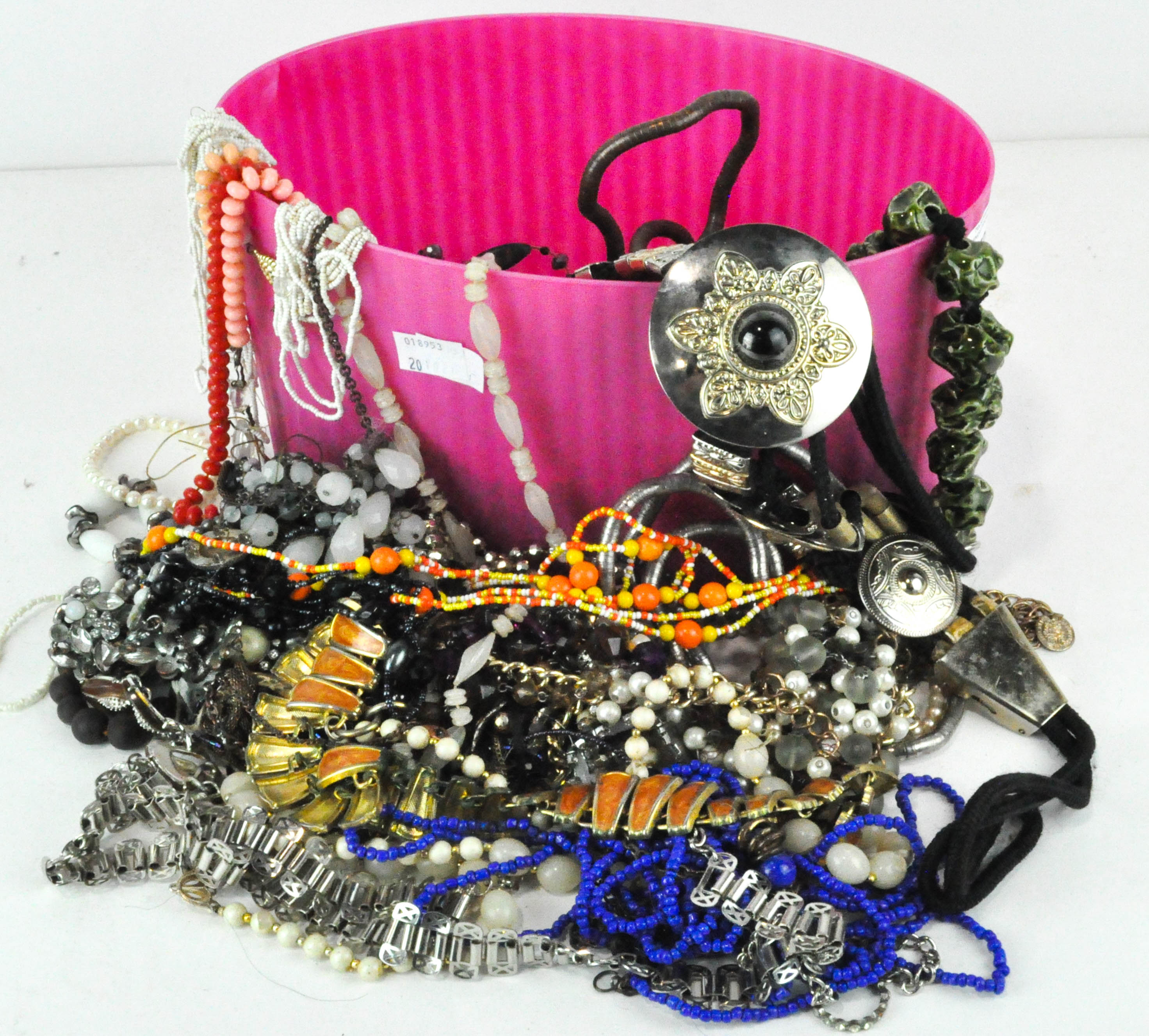 A selection of costume jewellery, comprising necklaces, chains, perfume bottles and more