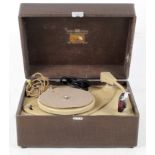 A mid-century HMV record player in simulated brown leather hinged case,