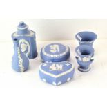 Six items of 20th Century Wedgwood Jasperware, in blue and white