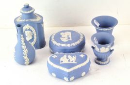 Six items of 20th Century Wedgwood Jasperware, in blue and white