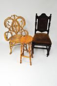 A Victorian mahogany dining chair together with a wicker chair