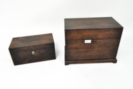 A rosewood tea caddy, a 19th century mahogany box with hinged cover and other examples