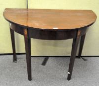 A Georgian style mahogany D-shaped side table, inlaid with shell marquetry to legs,