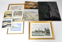 A collection of assorted pictures and paintings, comprising mostly landscapes, one being a seascape,