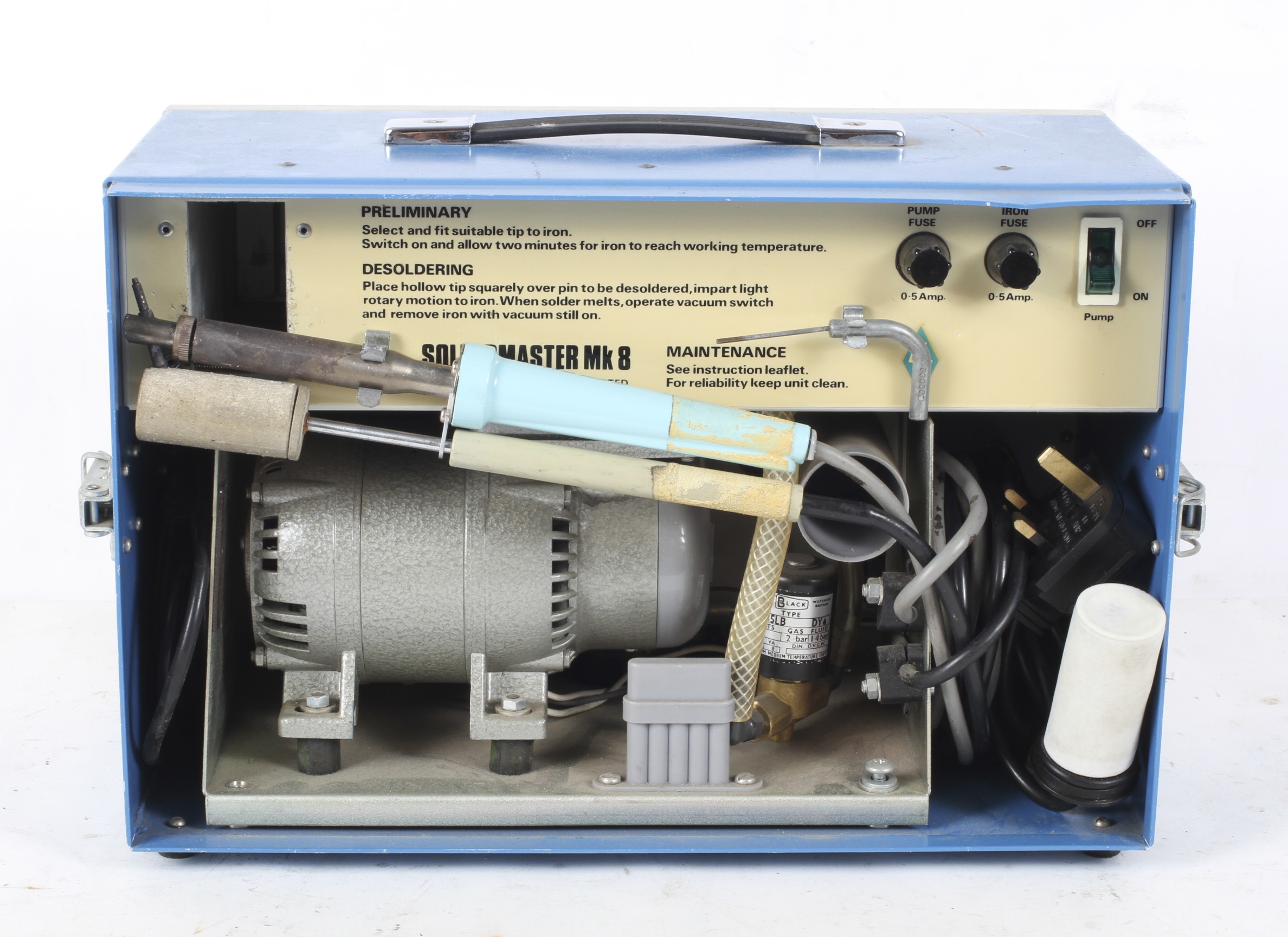 A Soldermaster MK8, bearing serial no. 147, in blue and white metallic portable case, 36cm wide