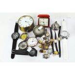 A collection of various watches and clocks, including a Tissot ladies wristwatch,