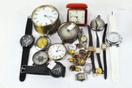 A collection of various watches and clocks, including a Tissot ladies wristwatch,