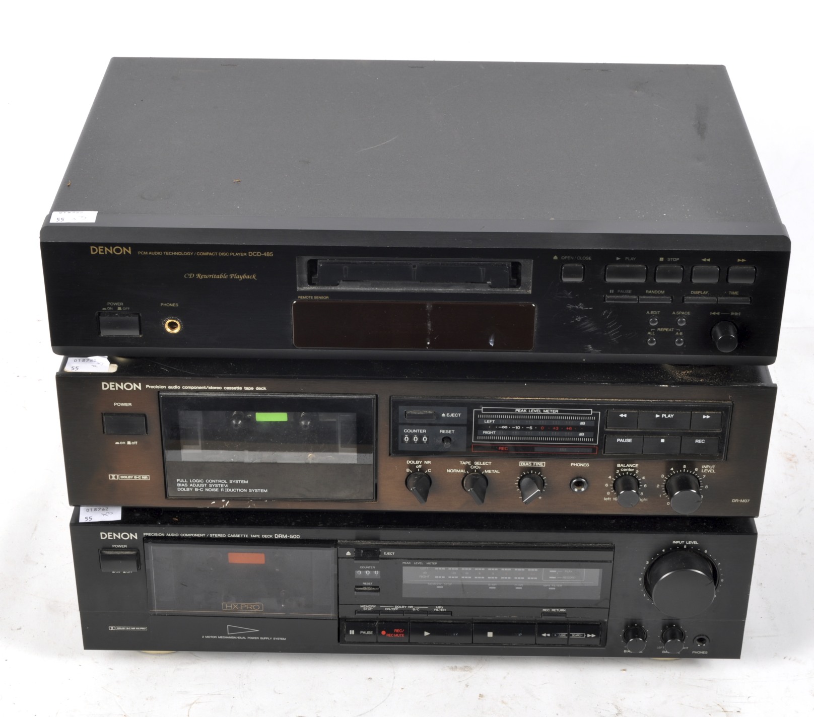 Two Denon cassette tape decks together with a Denon compact disc player,