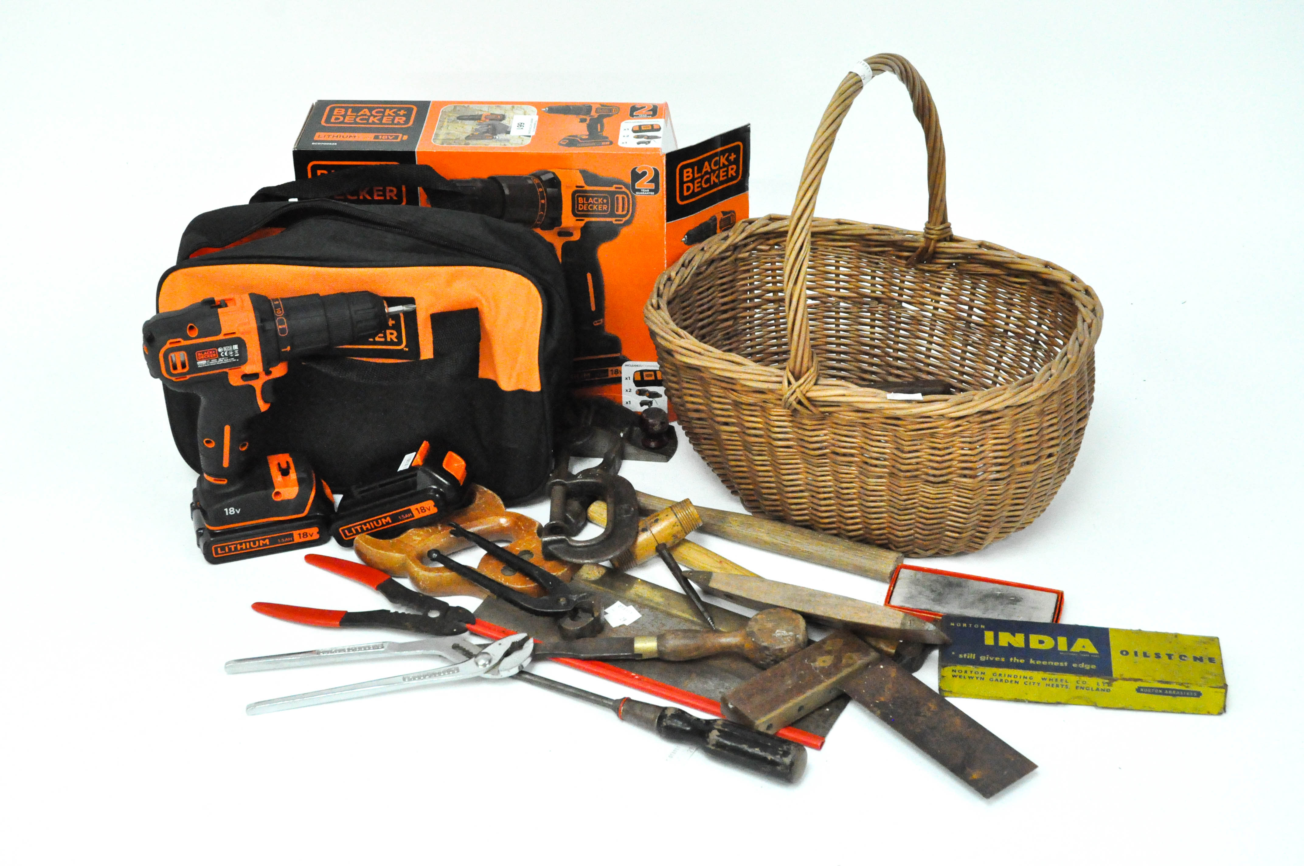 A Black and Decker Lithium 18V drill, in box, together with a basket of vintage tools