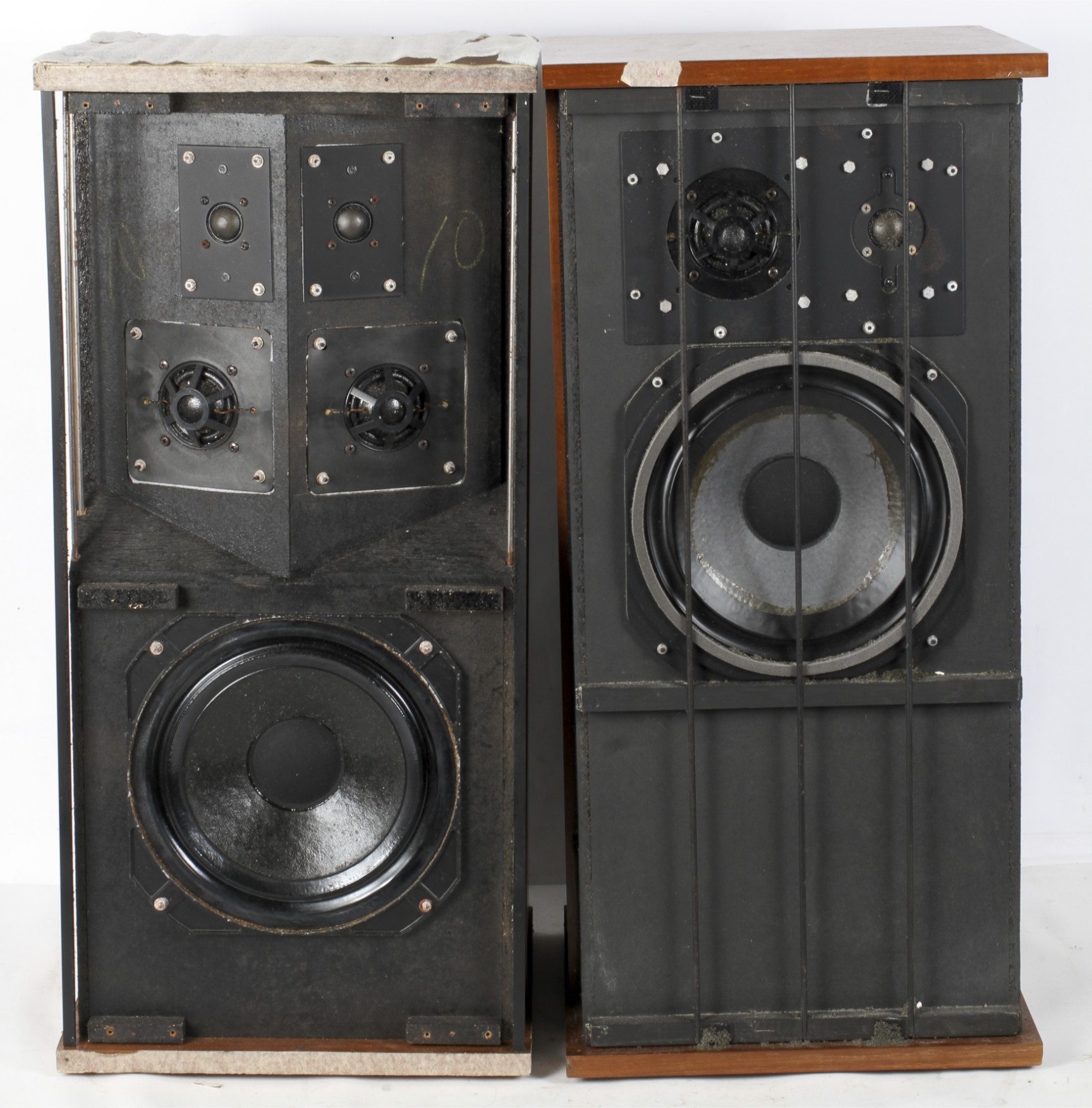 Two vintage speakers, possibly Radford, with power units to the back, within wooden cases,