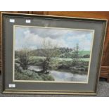 A picture depicting a riverside scene, signed and dated W. Staples 1988