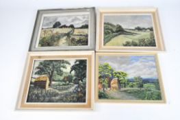 Four oil paintings featuring landscapes with hay bales, some signed A.L. Pearce