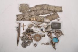 A collection of 20th Century silver, silver plate and pewter, comprising an engraved floral belt,