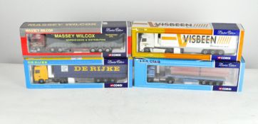 Four Corgi 1:50 scale model vehicles including a Visbeen DAF XF Space Cab Fridge Trailer, CC13205,